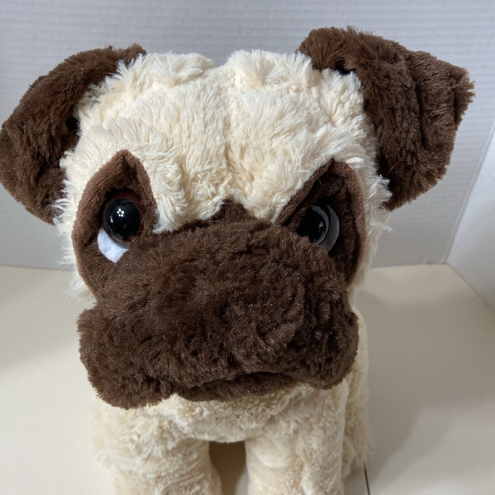 Realistic Pug Dog Plush Companion Soft Cuddly Stuffed Animal Brown Collar 14” - Picture 2 of 9